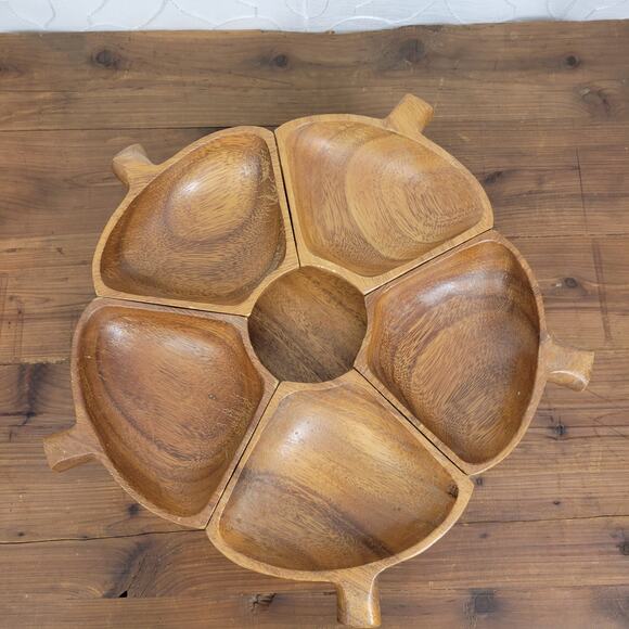 Vintage Monkey Pod Lazy Susan Kitchen Serving Wooden Handle Tray MCM - Picture 3 of 7